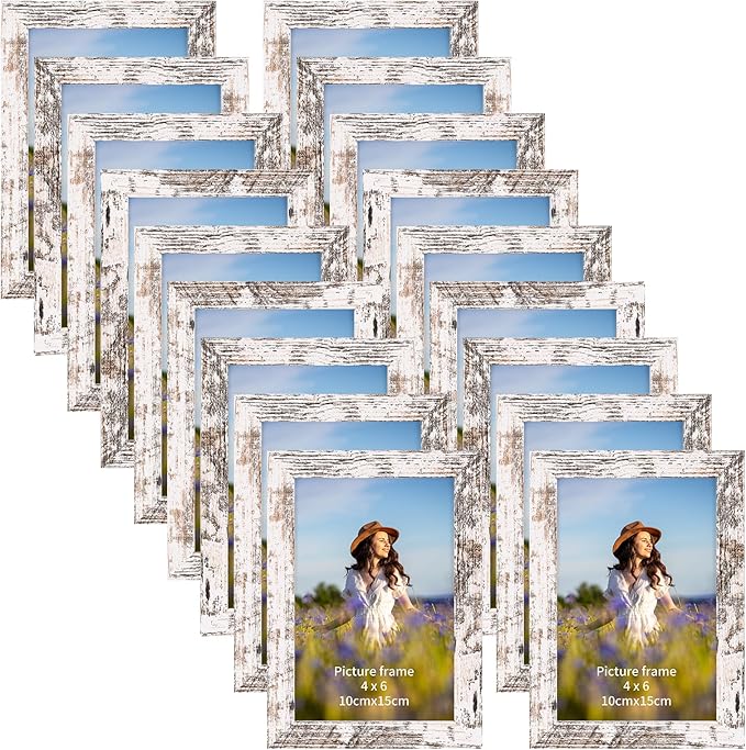Wooden 4x6 Picture Frame Set of 18, White Distressed Photo Frames Fits 4 by 6 for Wall or Tabletop Display