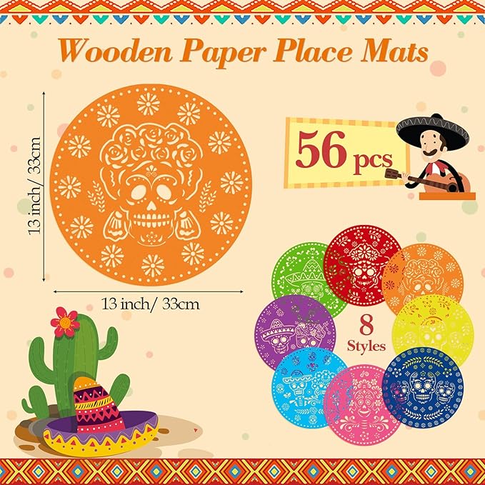 56 Pcs Day of The Dead Skull Placemats 13&#x22; x 13&#x22; Dia De Muertos Disposable Place Mat Paper Colorful Mexican Sugar Skulls Round Table Placemat for Halloween Table Decor Kitchen Dining