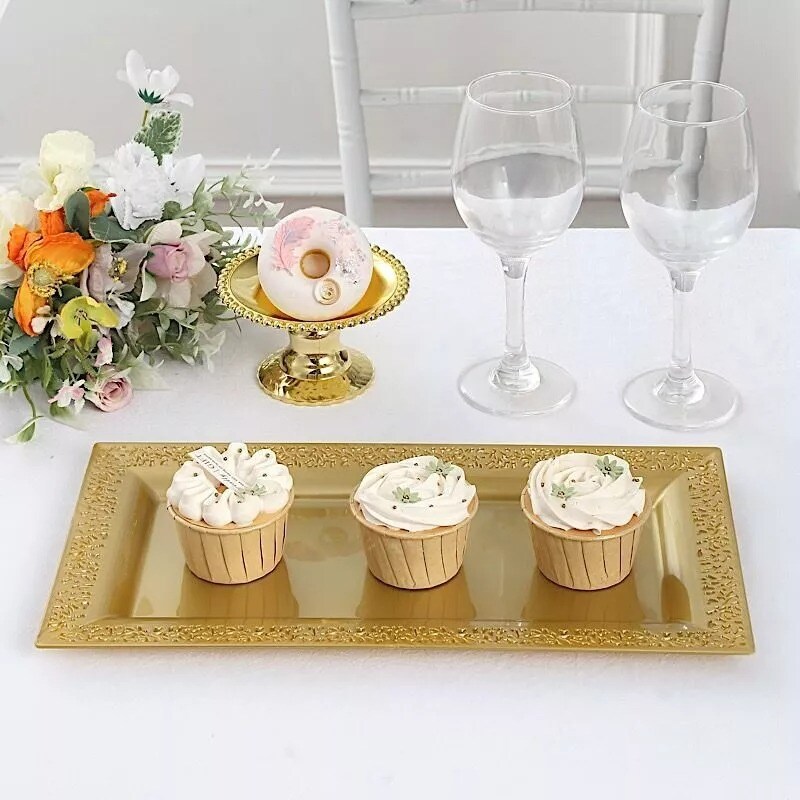 Gold 4 Plastic 14&#x22; Rectangle Serving Trays Lace Print Rim Design Party Events