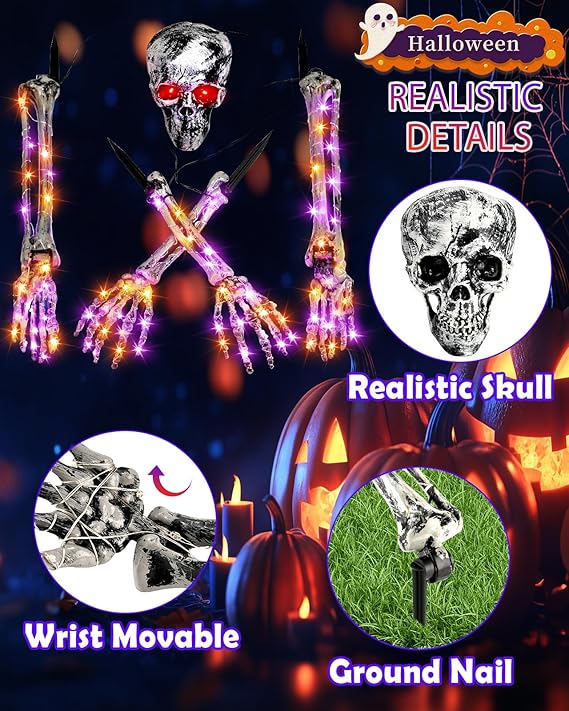 Halloween Decorations Outdoor Skeleton, Realistic Skull 5 Piece Set with 128 LED Lights Graveyard Bone, Glowing Stakes with Limbs for Yard Lawn Garden Party Decor (Orange &#x26; Purple)
