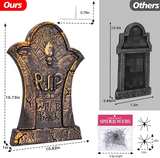 17&#x201D;Rip Tombstones Halloween Decorations with 2 Spiders &#x26; Spiderweb Light Up Headstones for Graves Metal Stakes Indoor Outdoor Scary Yard Sign Vintage Glow In The Dark Cemetery Lawn Decor