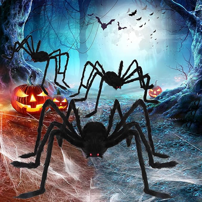 Halloween Giant Spider Decorations (3 PACK), Realistic Halloween Spider Props, Fake Scary Hairy Spiders Sets for Halloween Decorations Indoor, Outdoor and Yard Creepy Decor (59&#x22;, 49&#x201D;, 35&#x201D;)