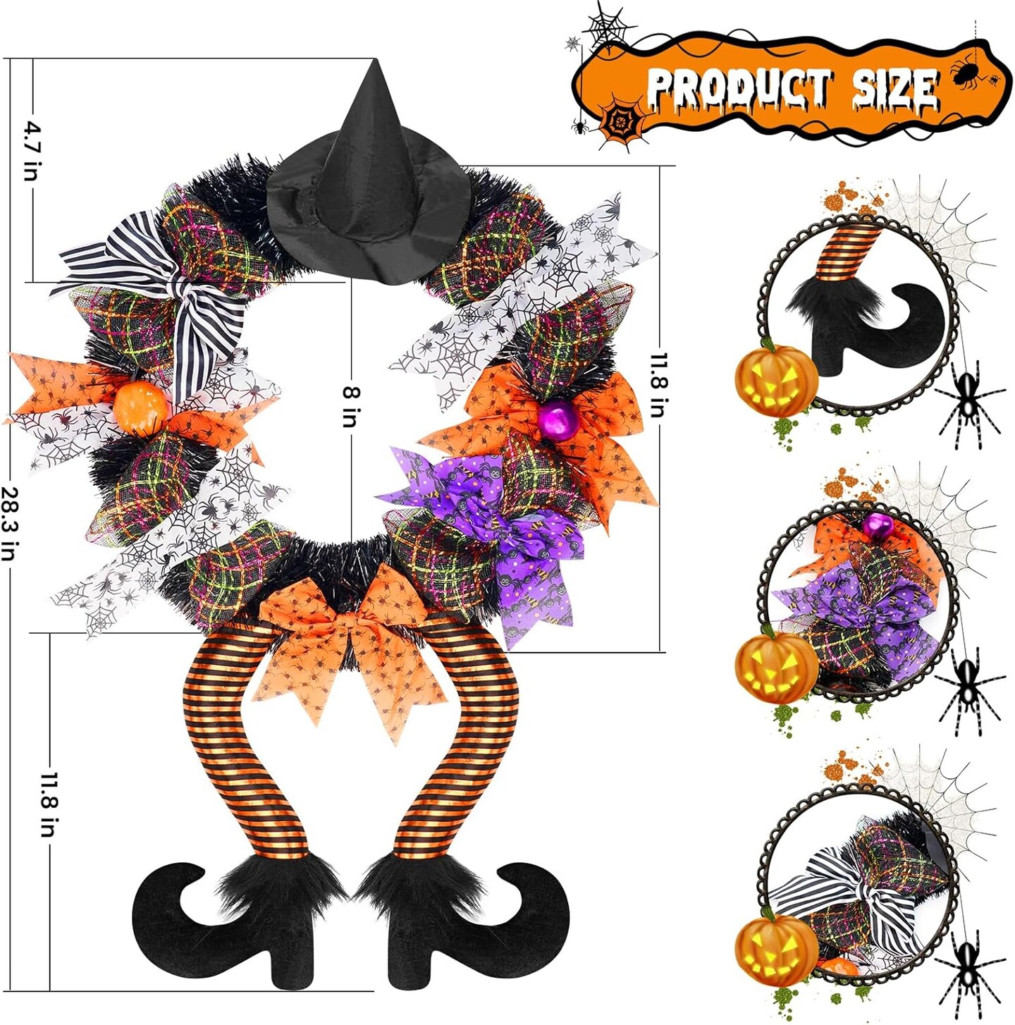 Halloween Wreath - 28 X 12'' Witch Wreaths for Front Door with Witch Hat Legs Pumpkin Harvest Silk Halloween Hanging Decor Wreath Sign Halloween Decorations for Door, Porch, Window,Indoor and Outdoor