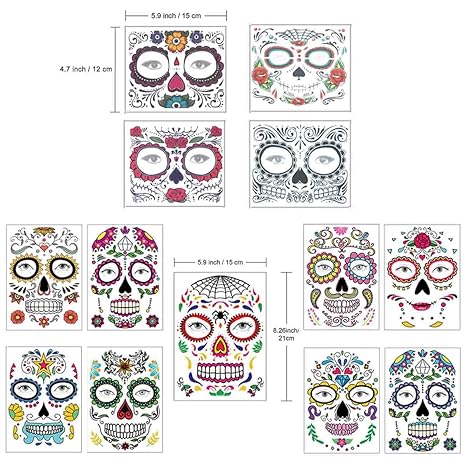 Halloween Temporary Face Tattoos Makeup Kit (13 Pack), Day of the Dead Sugar Skull Floral Black Skeleton Web Red Roses Full Face Mask Stickers Tattoo Families Party Supplies