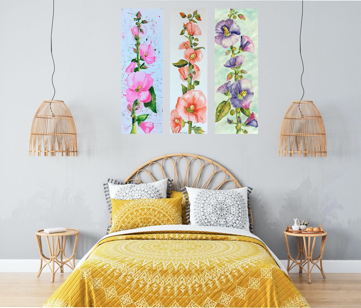 Floral Artwork. Hollyhocks Art Original Watercolor Painting