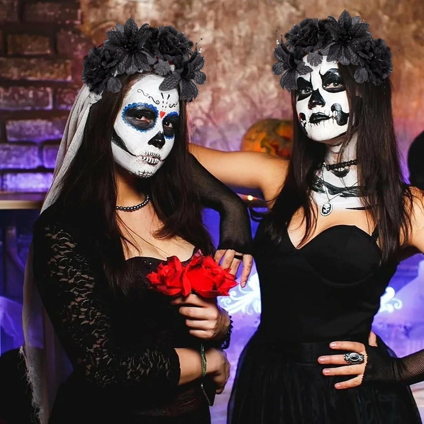 Halloween Black Flower Headband Day of the Dead Mexican Floral Hair Hoop Black Gothic Flower Hairband for Halloween Hair Accessories