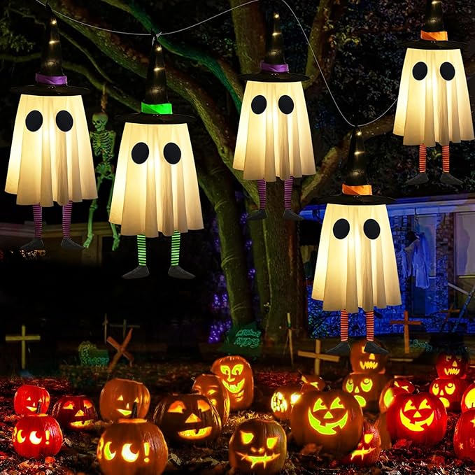 Set of 3 Halloween Hanging Ghosts, Halloween Decorations Outdoor Hanging Ghosts with Witch Hat,Glowing Ghost Witch Hat Lights, Halloween Ghost Decor for Yard Patio Garden Tree Outside(3 Ghost Lighted)