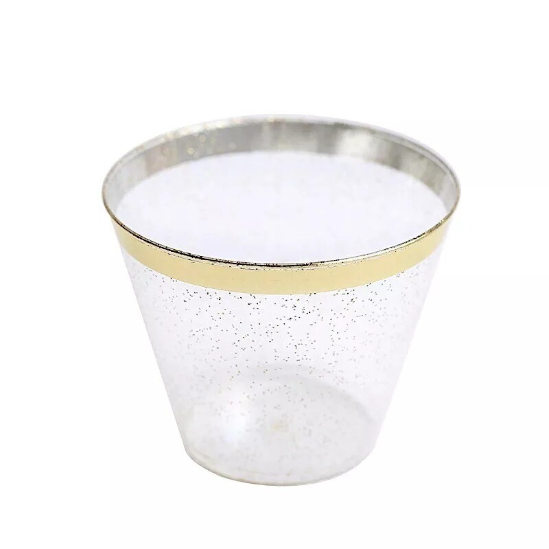 25 Clear 9 oz Glittered Plastic Cups Gold Rim Party Events Decorations Supplies