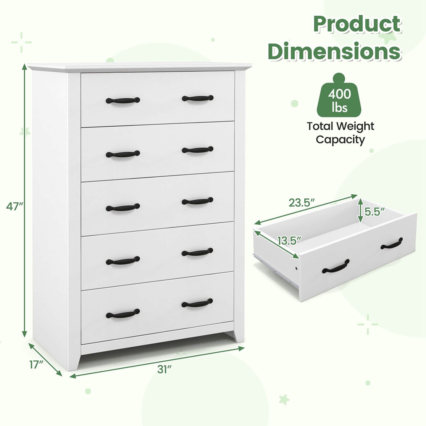 Costway 5 Drawer Chest Storage Dresser Tall Cabinet Organizer Bedroom Hallway Dark Grey/Walnut