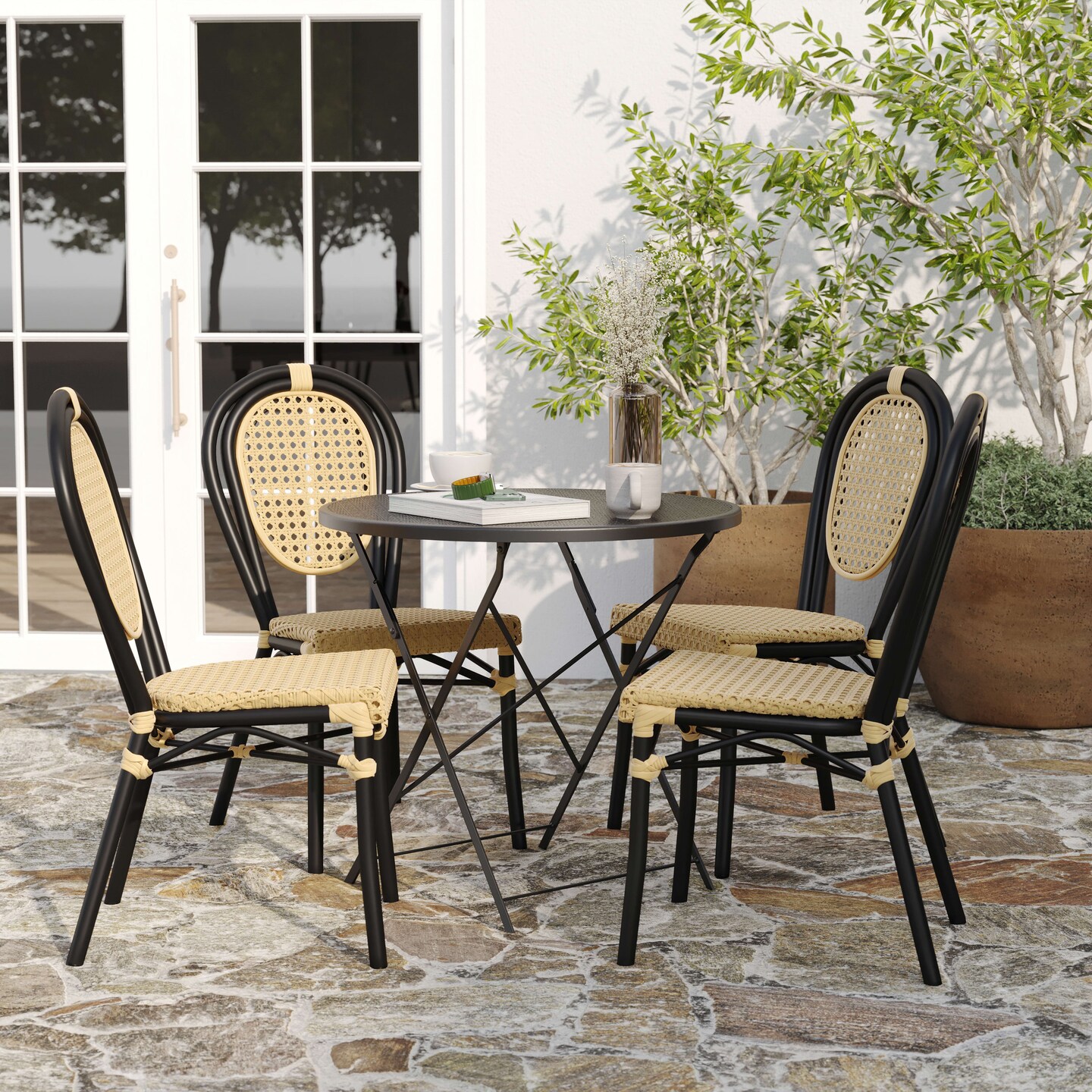 Merrick Lane Toulon Set of Four Stacking Thonet Bistro Style Chair, PE Cane Rattan Seat, and Metal Frame for Indoor/Outdoor Use