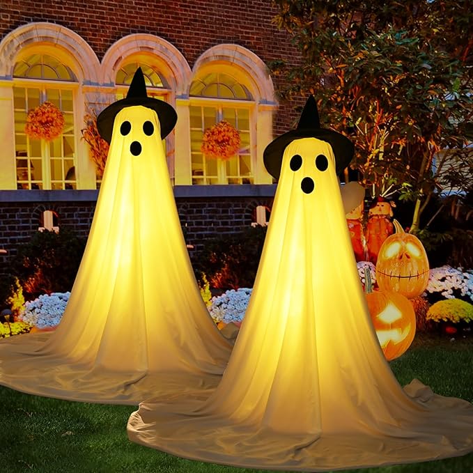 [Timer] 2Packs Halloween Decorations Outdoor, Cute Halloween Decorations Indoor, Spooky Ghost Halloween Decor with Witch Hat, Scary Ghosts Decor with LED Lights for Front Porche Yard Garden Home