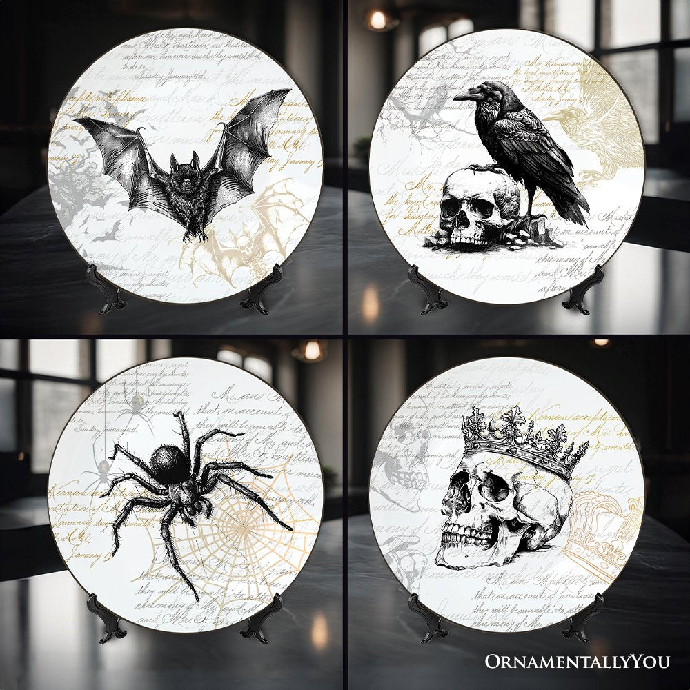 Gothic Elegance Set of 4 Plates with Real Gold Trim, Halloween Tableware Collection for Salad, Dessert, Appetizer, and Side Plates