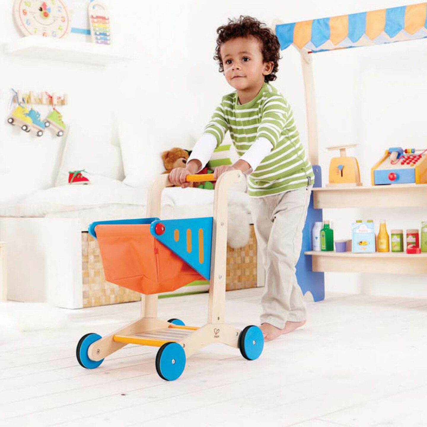 Hape Wooden Shopping Cart in Orange &#x26; Blue, Kids Pretend Play Toy