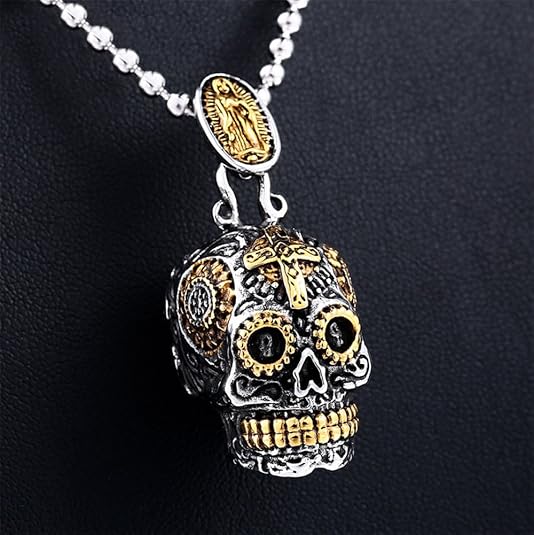 Stainless Steel Sugar Skull Pendant Necklace Gothic Skeleton Pendants for Men with 24inch Chain