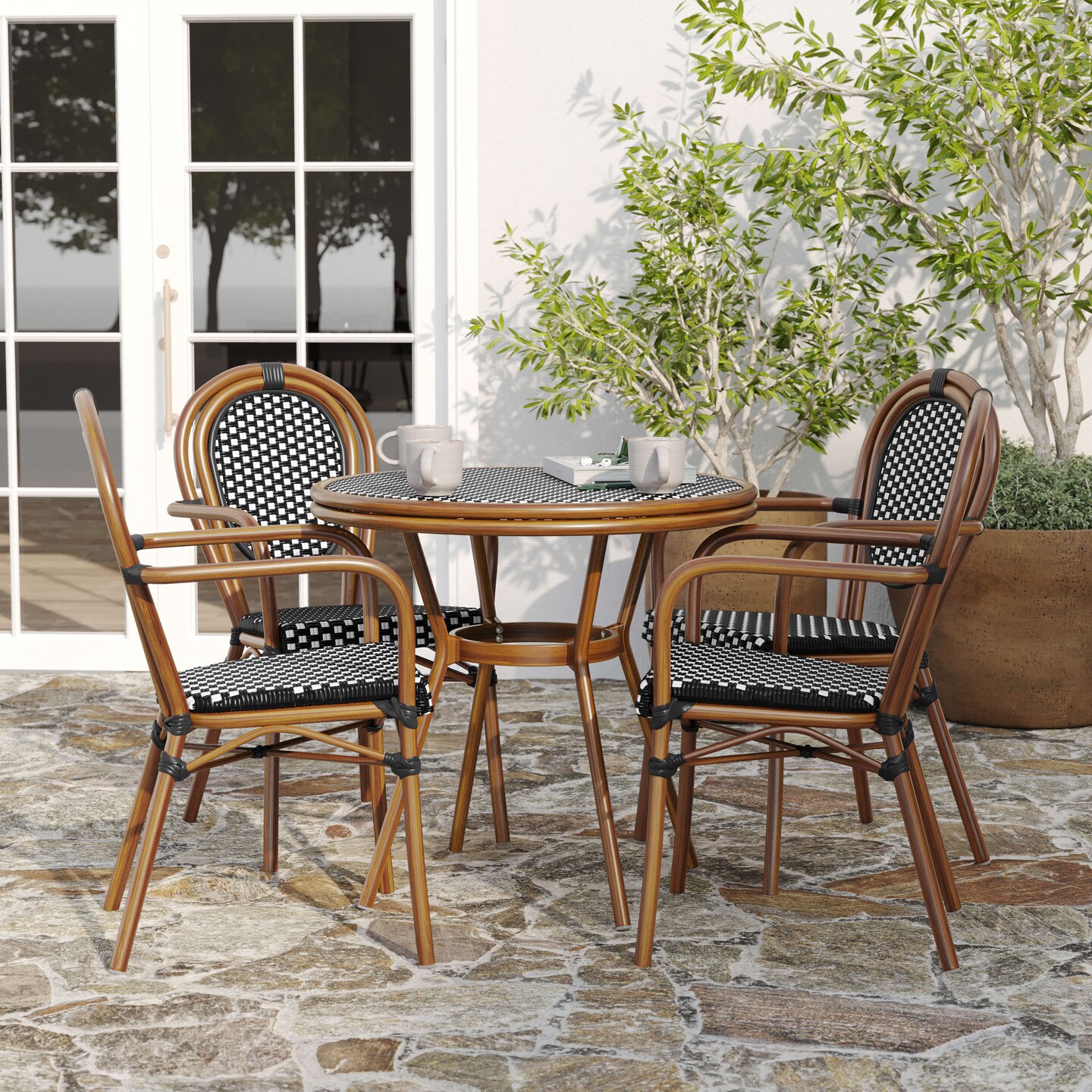 Merrick Lane Celia Set of Four Stacking Thonet Bistro Style Chair with Arms, PE Rattan Seat, and Metal Frame for Indoor/Outdoor Use