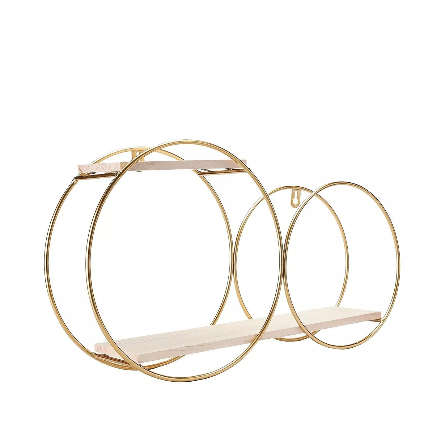 2 Tier Gold Natural Round Metal with Wood Geometric Floating Shelf Decorations