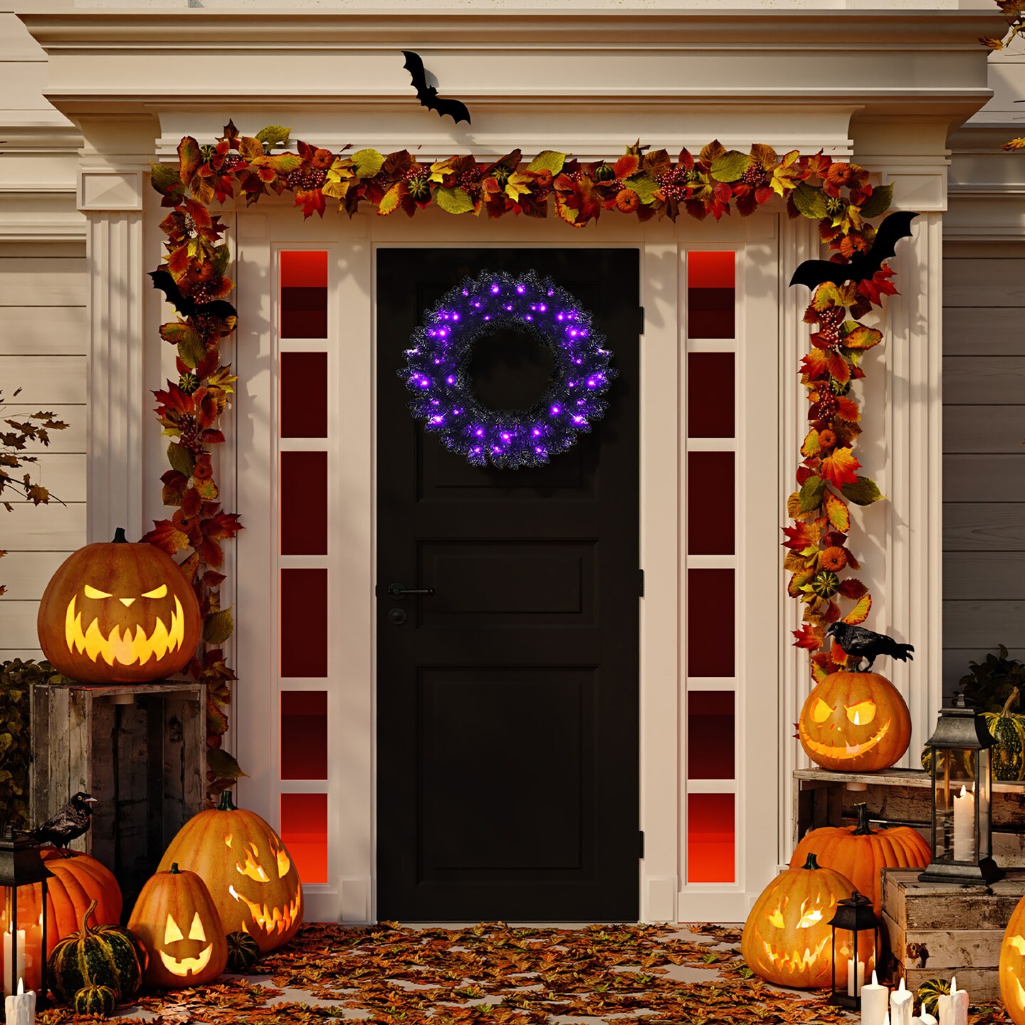 Costway 24inch Pre-lit Christmas Halloween Wreath Black w/ 35 Purple LED Lights