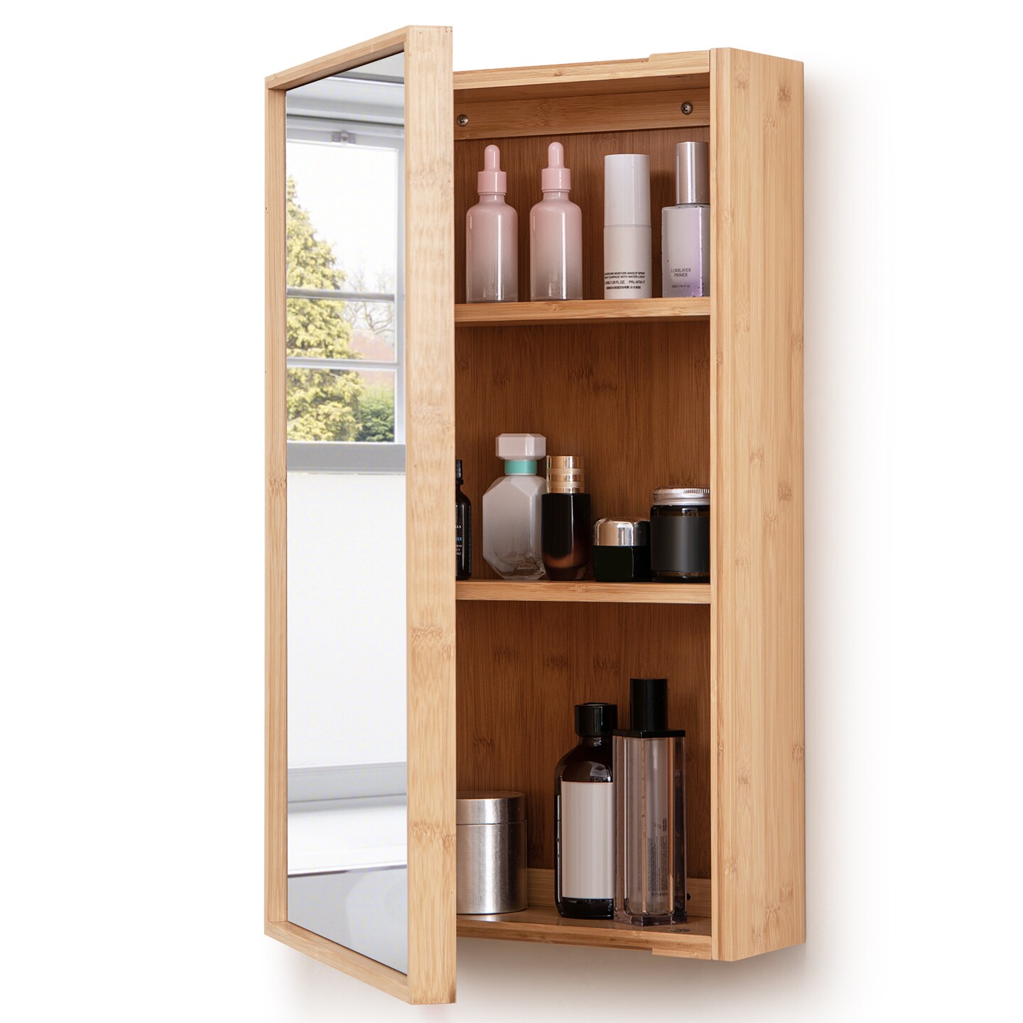 Wicker Bathroom Wall Cabinet with Mirror and 2 Adjustable Shelves