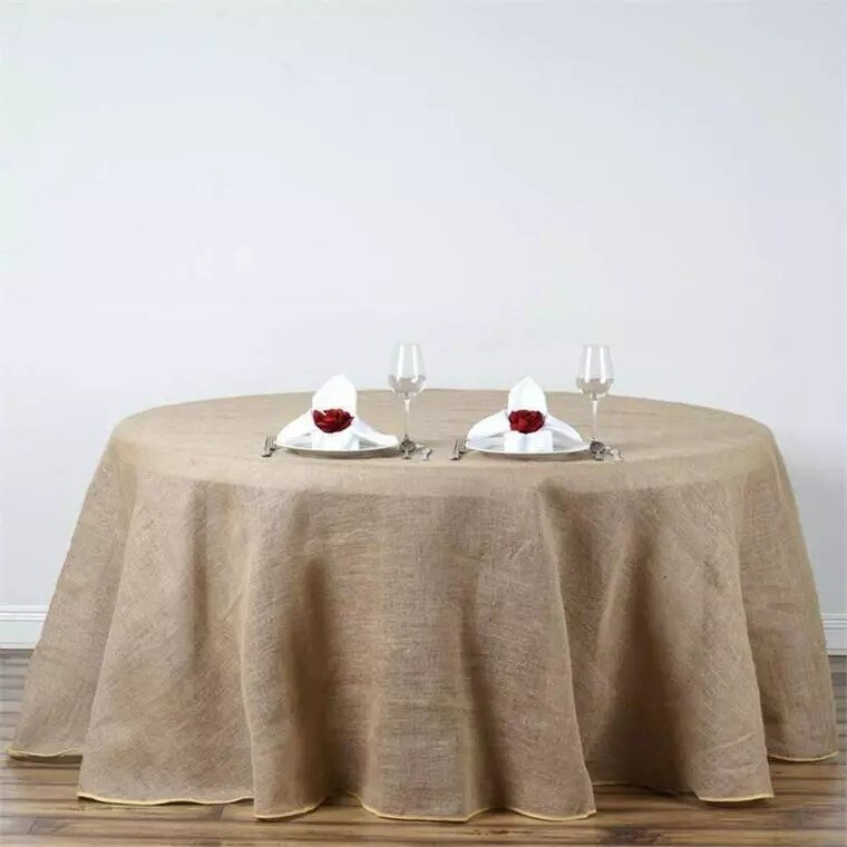 120&#x22; Natural Brown BURLAP ROUND TABLECLOTH Wedding Party Trade Booth Linens