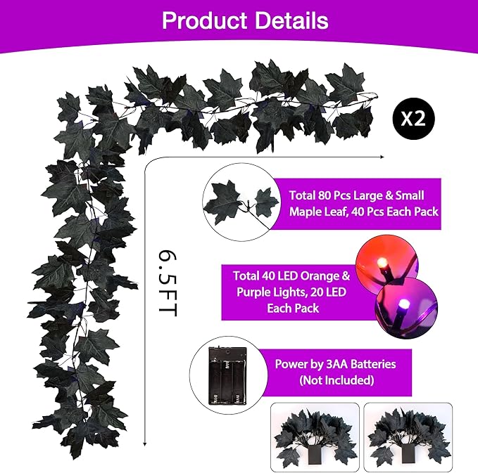 2 Pack Halloween Decorations Black Leaf Garland with Orange &#x26; Purple Lights, Total 13Ft 40 LED Halloween Hanging Artificial Garlands Battery Operated Lights Decor for Home Indoor Outdoor Fireplace
