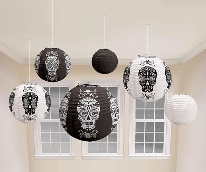 Skull Design Day of The Dead Chinese/Japanese Hanging Black/White Paper Lanterns Metal Frame for Spooky Scary Halloween Party, Home Lamps, Haunted House Event Decoration (Set of 6)