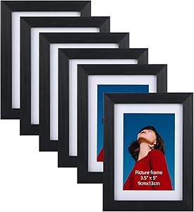 3.5x5 Black Picture Frames Set of 6, Multi Frames Matted to Display Photos 3.5 x 5 with Mat or 4x6 without Mat for Wall and Tabletop