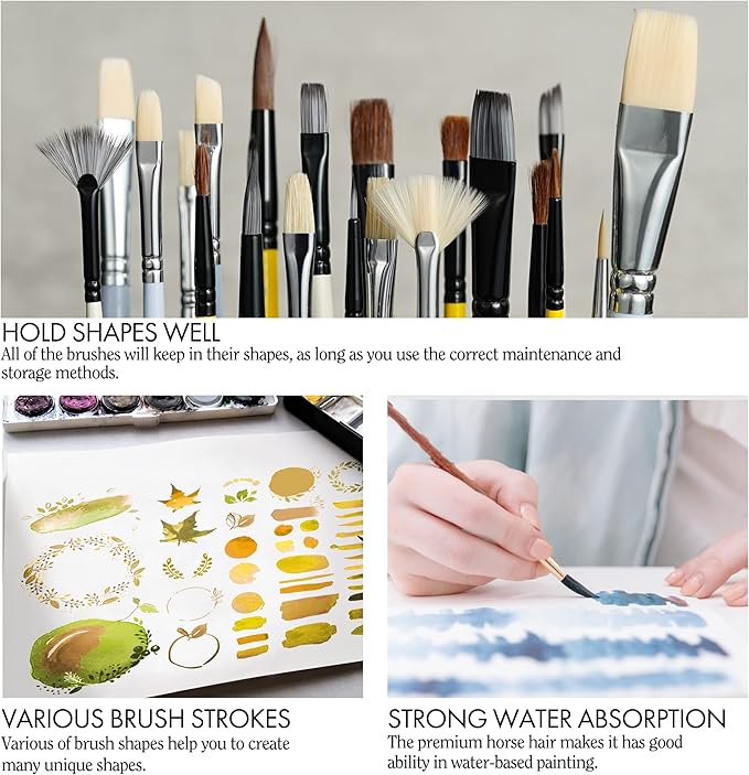 ARTIFY 10 Pieces Paint Brush Set, Intermediate Series, Includes a Carrying Case, Premium Horse Bristle Brushes for Acrylic, Watercolor, Oil and Gouache Painting (Yellow - Horse Hair)