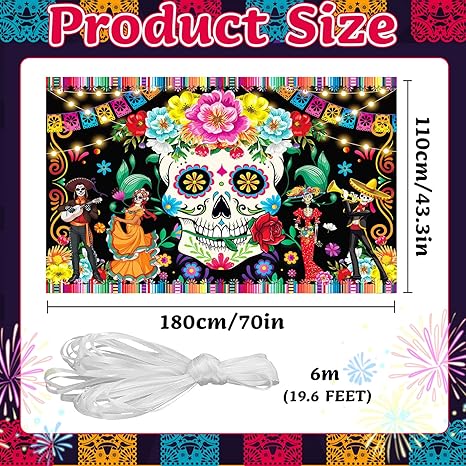 Day of The Dead Backdrop Banner, Extra Large Dia De Los Muertos Banner Skull Mexican Photo Background Party Decorations for Halloween Day of The Dead Decorations, 70.8&#xD7;43.3inch