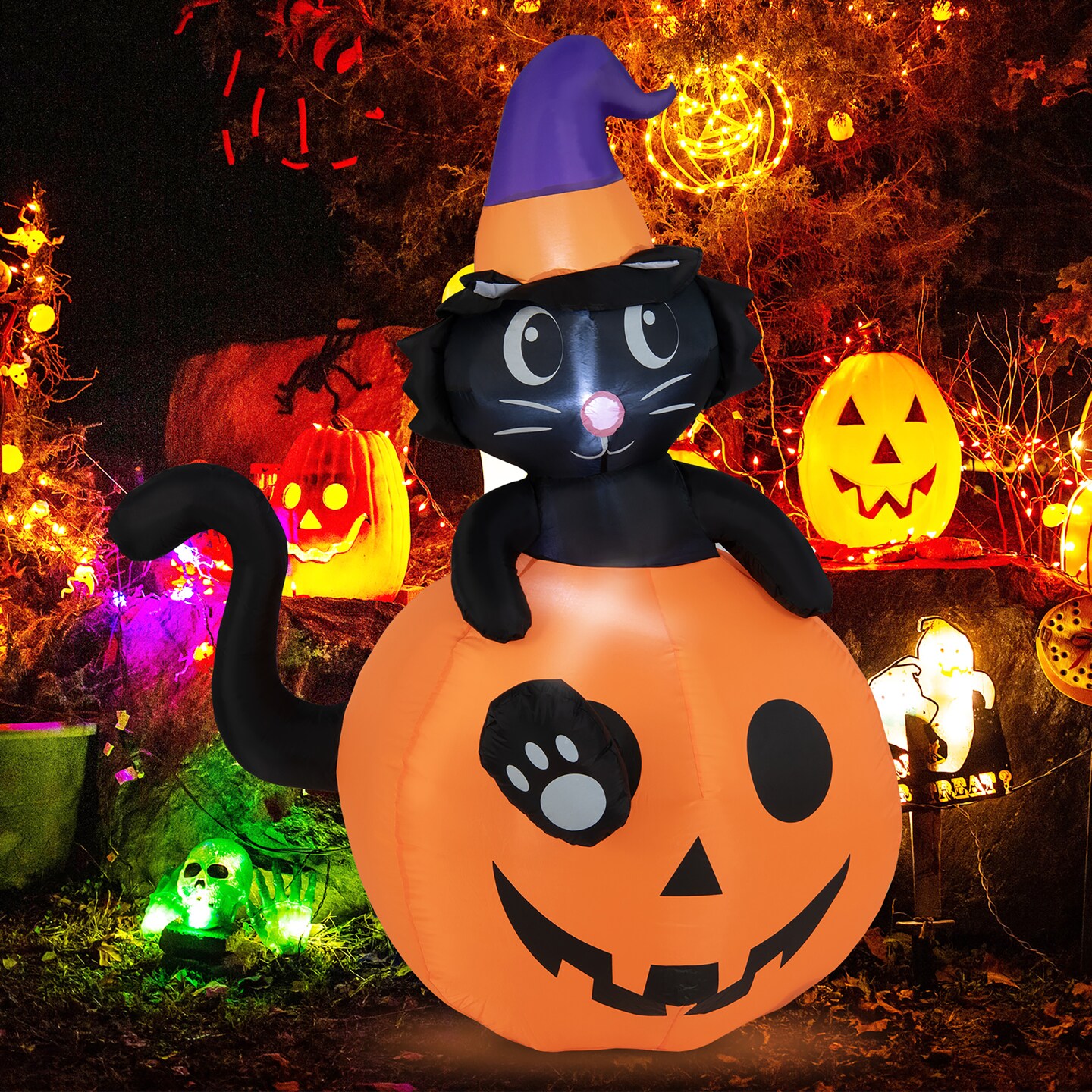 Costway 5 FT Tall Halloween Inflatable D&#xE9;cor Black Cat Sitting in Pumpkin w/ LED Lights
