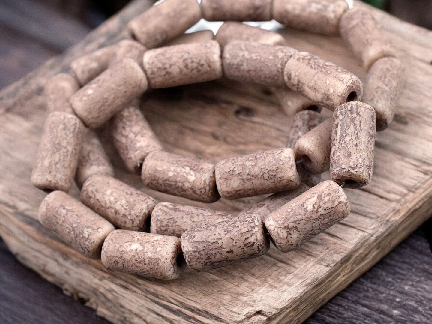 *10* 14x7mm Brown Washed Etched Salmon Pink Large Hole Tube Beads