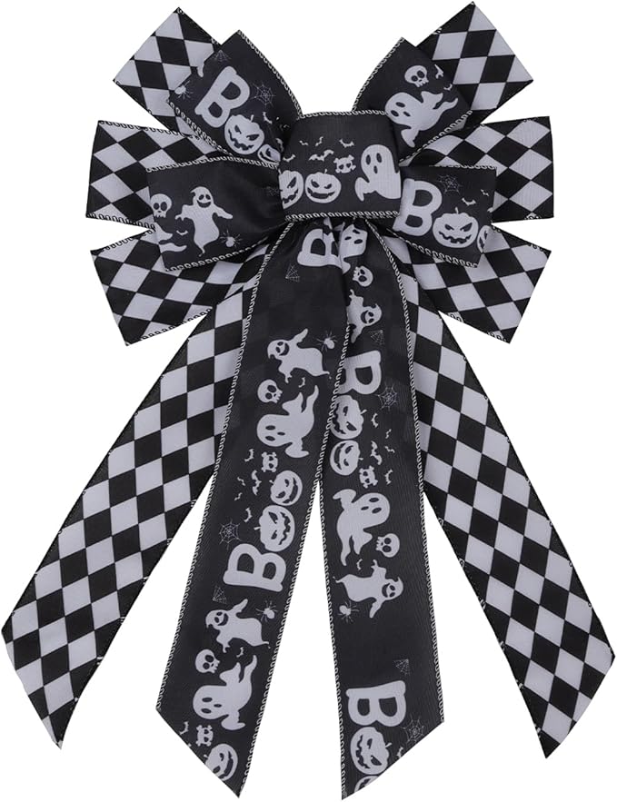 Large Halloween Wreath Bows Halloween Bows Black and White Check Ghost Boo Pumpkin Bows for Wreaths, Halloween Ribbon Bows Tree Topper Bows for Home Indoor Outdoor Decoration Wreath Ornament Supplies