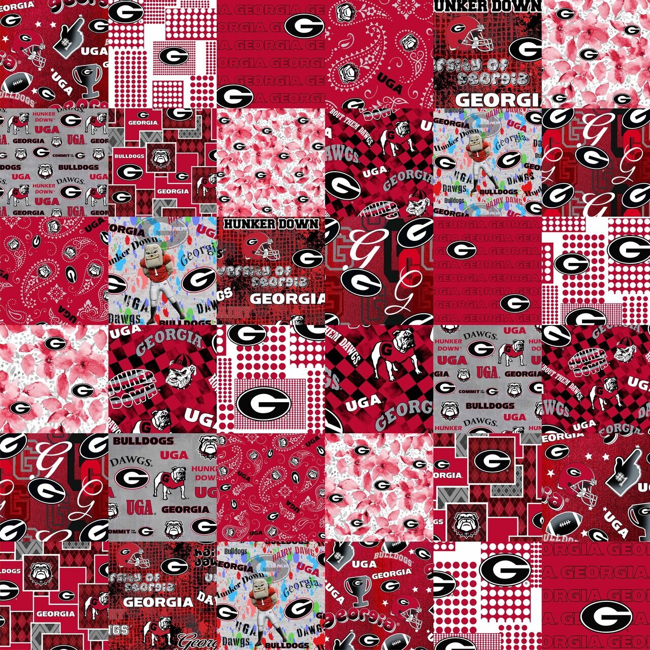 Sykel Enterprises-University of Georgia Cheater Quilt Printed Cotton Fabric-Georgia Bulldogs Cotton Fabric with Patchwork Cheater Quilt Print-60&#x201D; Width