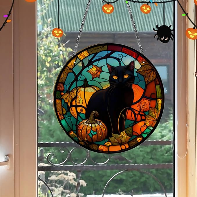 Halloween Blcak Cat Hanging Decorations Indoor with Suction Cup- Outdoor Scary Black Cat Hanging Decorations for Front Door Wall,Acrylic Halloween Wreaths for Front Door
