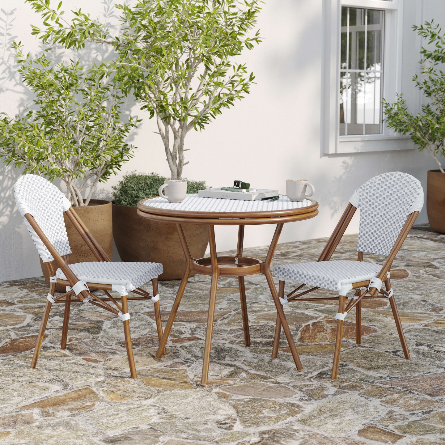 Merrick Lane Celia Bistro Style Table with Tempered Glass Top, PE Rattan, and Bamboo Finished Metal Frame for Indoor/Outdoor Use