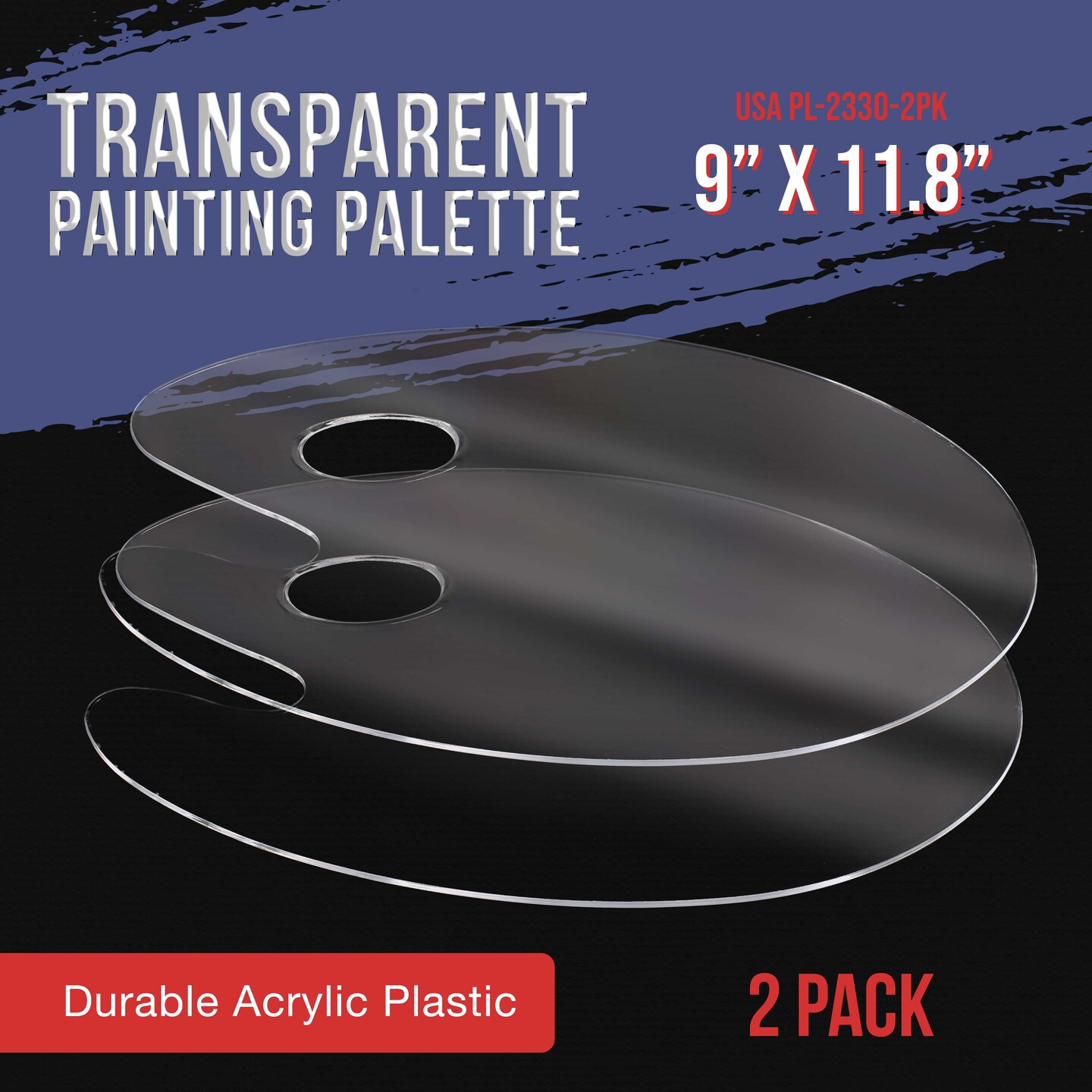 U.S. Art Supply 9&#x22; x 11.8&#x22; Clear Oval-Shaped Acrylic Painting Palette (Pack of 2) - Transparent Plastic Artist Paint Color Mixing Trays - Non-Stick