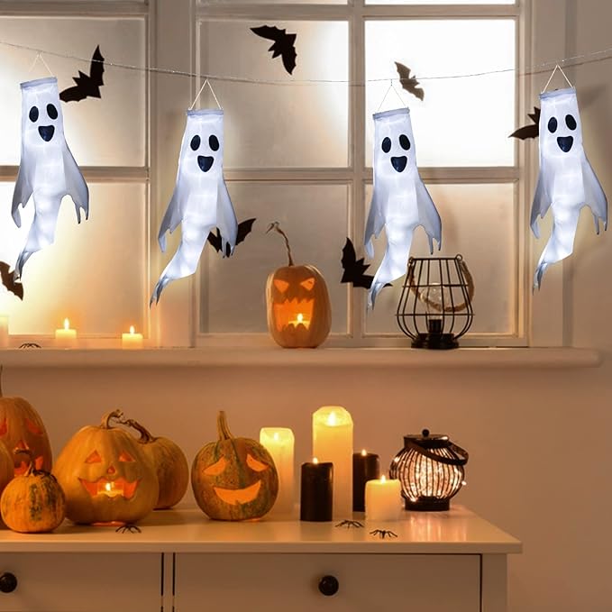 Halloween 4 Ghost Windsocks with Remote Control LED String Lights, Outdoor Halloween Hanging Decorations Battery Powered, Waterproof Ghosts, Cute Decorations for Halloween Party Yard Tree