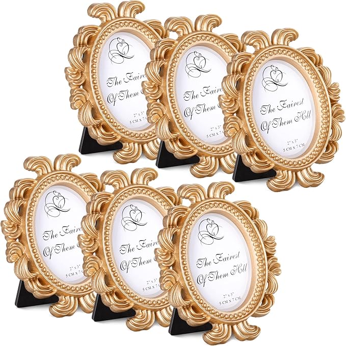 Vintage Picture Frame Antique Photo Frame Baroque Place Card Photo Holder Mini Picture Frame Beaded Photo Frame Resin Oval Frame Display Frame Christmas Holiday Decor (Gold, 6 Pieces)