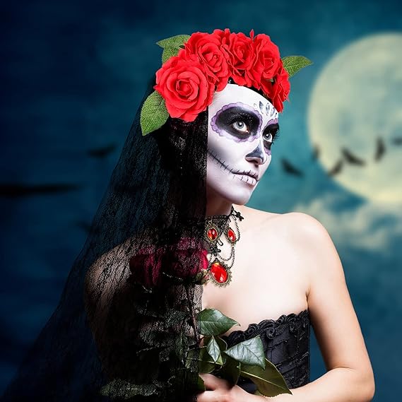 2 Pieces Day of The Dead Veil Headband Headpiece Mexican Headband Rose Floral Crown Veil and Lace Choker Lace Rhinestone Necklace Halloween Costume