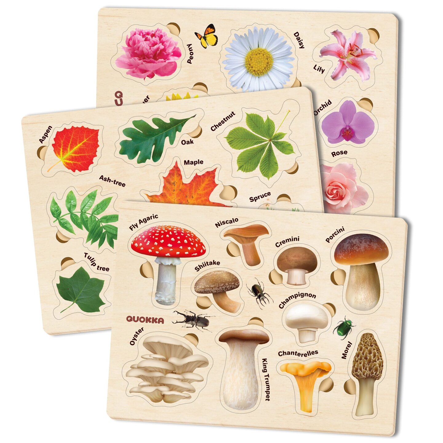 QUOKKA Wooden Puzzles Set for Toddlers | Mushrooms Flowers