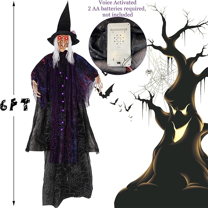 Halloween Witch Props, 6FT Hanging Animated Witch with Red LED Glowing Eyes, Voice Activated Life-Size Spooky Hag for Halloween Party, Haunted House, Indoor Outdoor Decorations