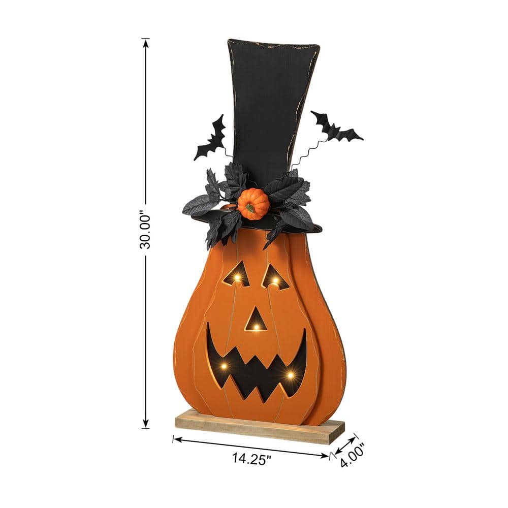 29.5 inch Halloween Lighted Wooden Jack O Lantern Porch Decor with Floral and Timer