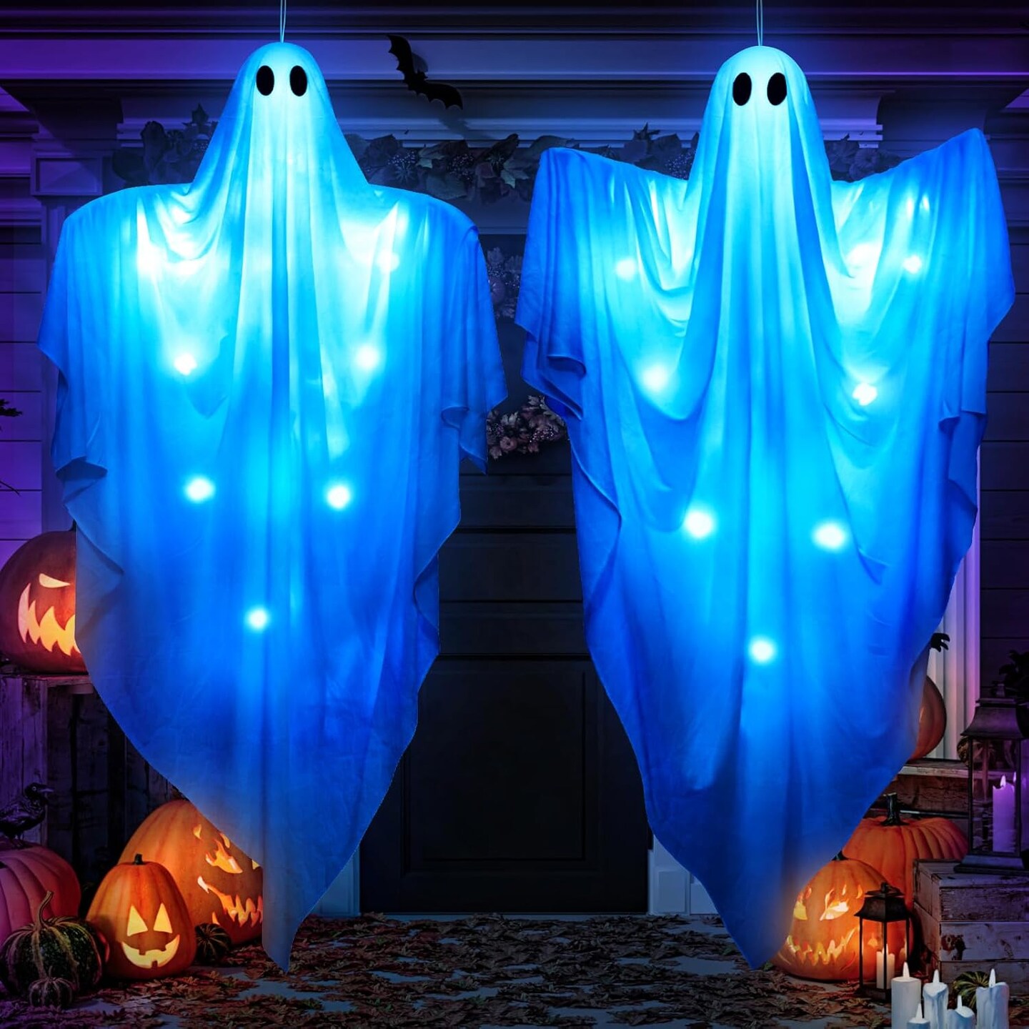 Large Size White Spooky Hanging Ghosts with Blue LED Lights Indoor Outdoor Front Yard Tree Porch
