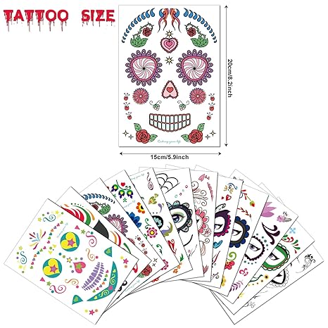 Halloween Temporary Face Tattoos (12Pack), Konsait Day of the Dead Sugar Skull Floral Black Skeleton Web Red Roses Full Face Mask Tattoo for Women Men Adult Kids Boys Halloween Party Favor Supplies