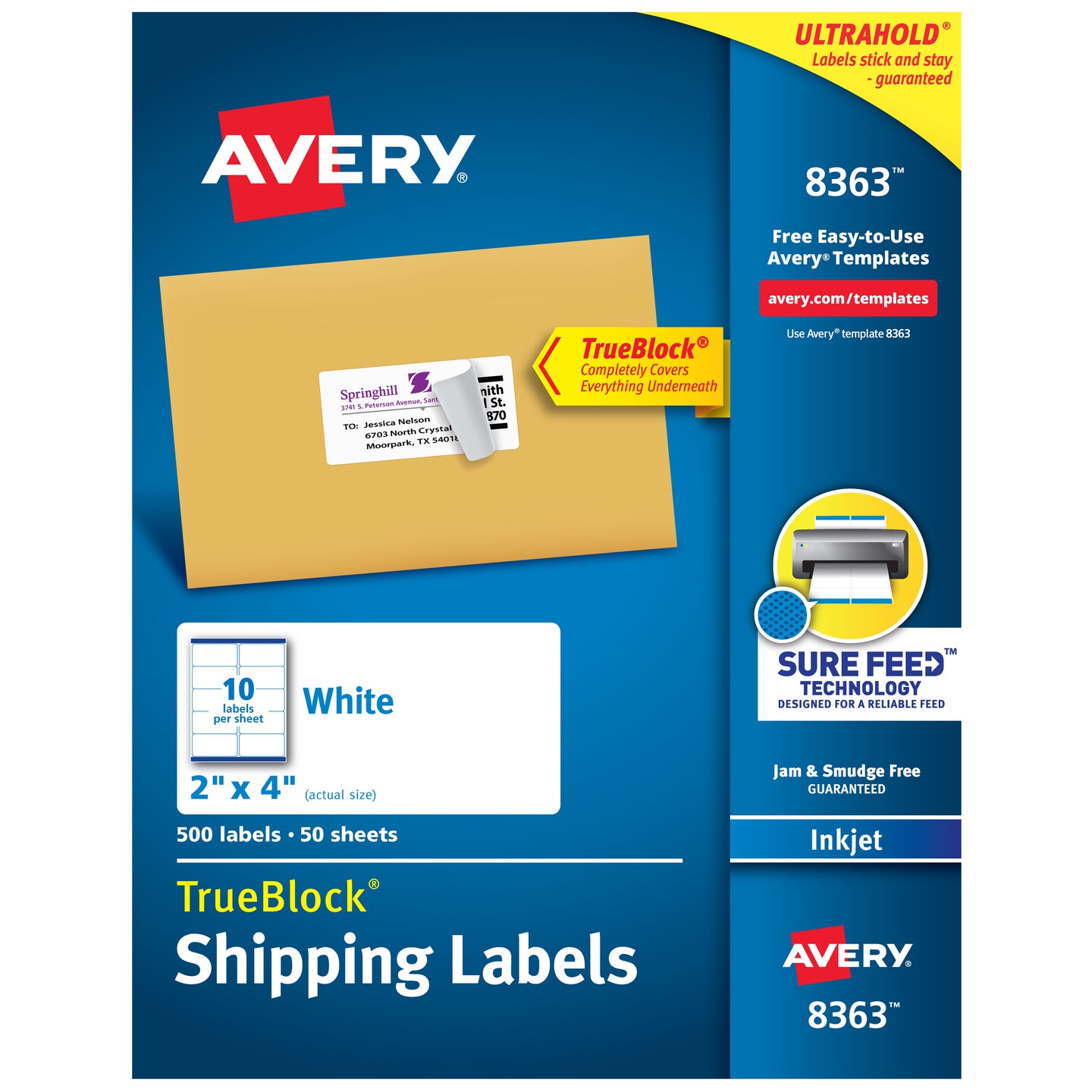 Avery TrueBlock Shipping Labels, Sure Feed Technology, Permanent Adhesive, 2" x 4", 500 Labels (8363)