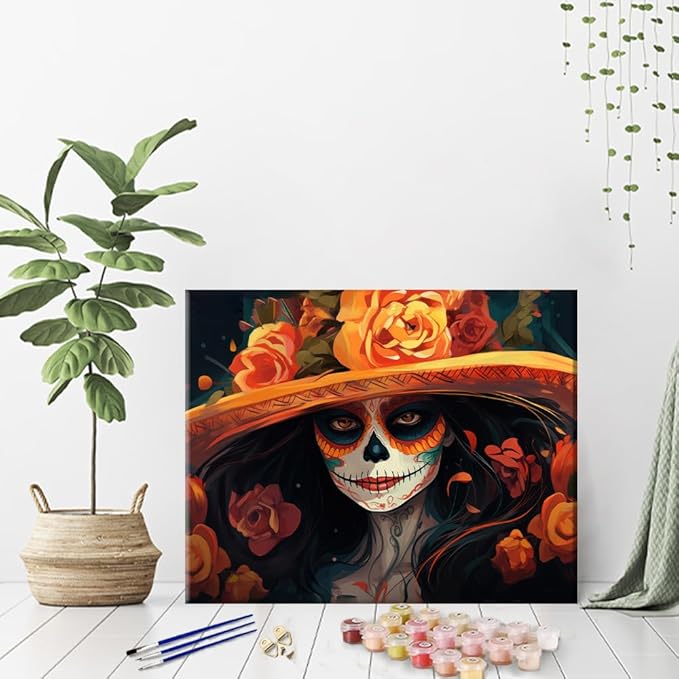 Abstract Paint by Numbers, Woman Wearing A Hat with Roses Paint by Numbers, Day of the Dead Lady Acrylic Painting Kits, Color by Numbers for Adults with Brushes and Pigment - Frameless, 16x20 Inch