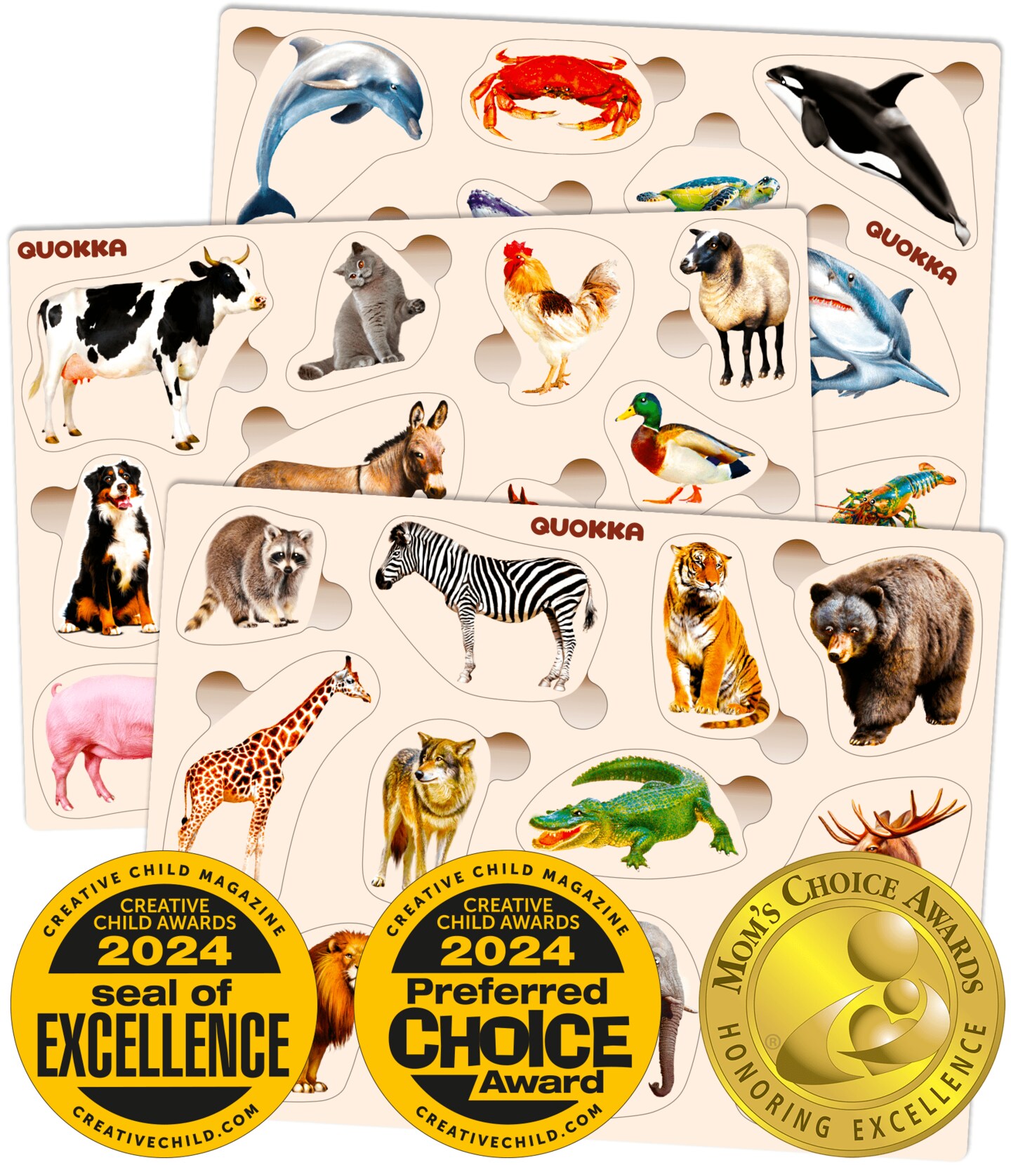 QUOKKA Wooden Puzzles for Toddlers 1-3 – 3xSET Toddler Puzzles Ages 2-4 – Montessori Animal Toy Puzzles for Toddlers 3-5 Year Old – Wood Toy Learning Realistic Animals for Boy and Girl