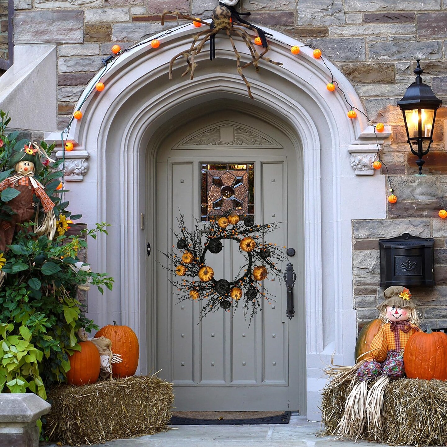 Halloween Wreath Autumn Wreath with Gold and Black Pumpkin for Front Door Indoor Outdoor Farmhouse Festival Home Decor