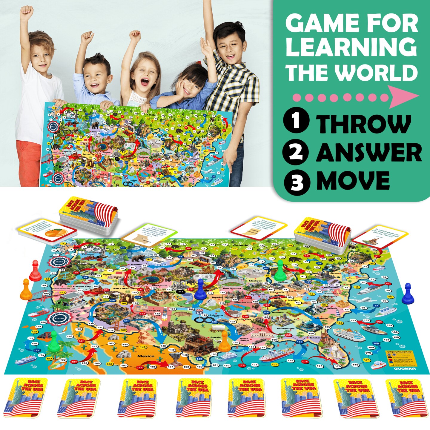 QUOKKA Board Game, 1 to 10 Players | Learning, Educational | Geography, United States | 120 Question Cards, Top Facts | Indoor, Outdoor | Kids, Teens, Adults, Family