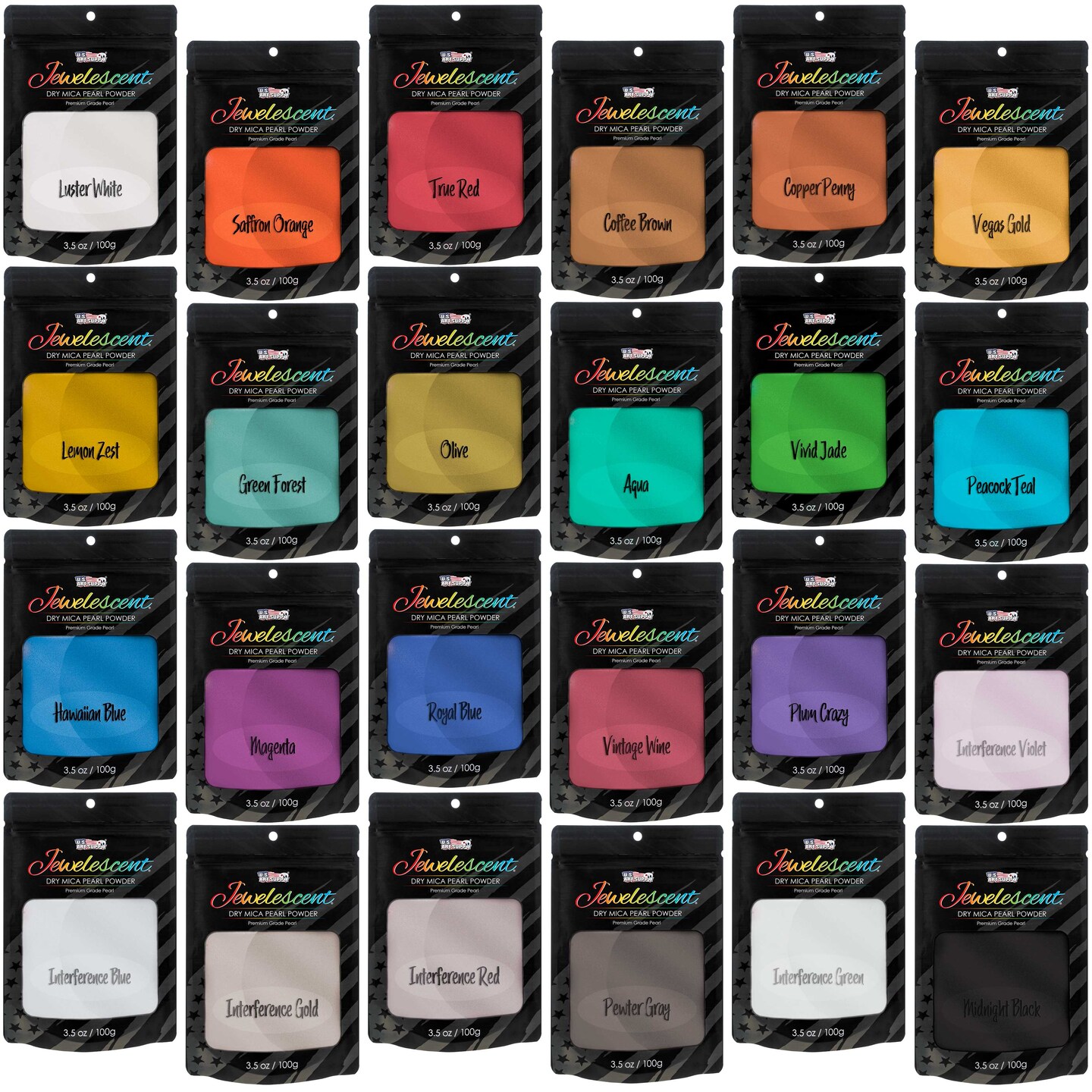 Jewelescent 24 Color Mica Pearl Powder Pigment Master Set Kit, 3.5 oz (100g) Sealed Pouches - Cosmetic Grade, Metallic Color Dye
