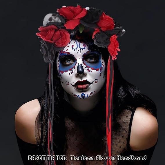 Flower Day of the Dead Rose Headbands Halloween Skull Mexican Black Red Rose Floral Crown with Ribbon Gothic Headpiece for Women Girls Halloween Costume Bridal Cosplay Party Headwear